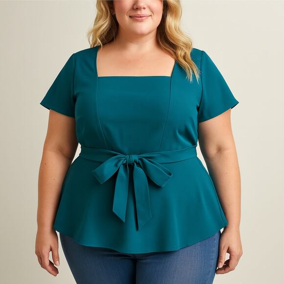Lane Bryant Aqua Teal Short Sleeve Tie Waist Blouse Women’s 16 - Picture 1 of 9